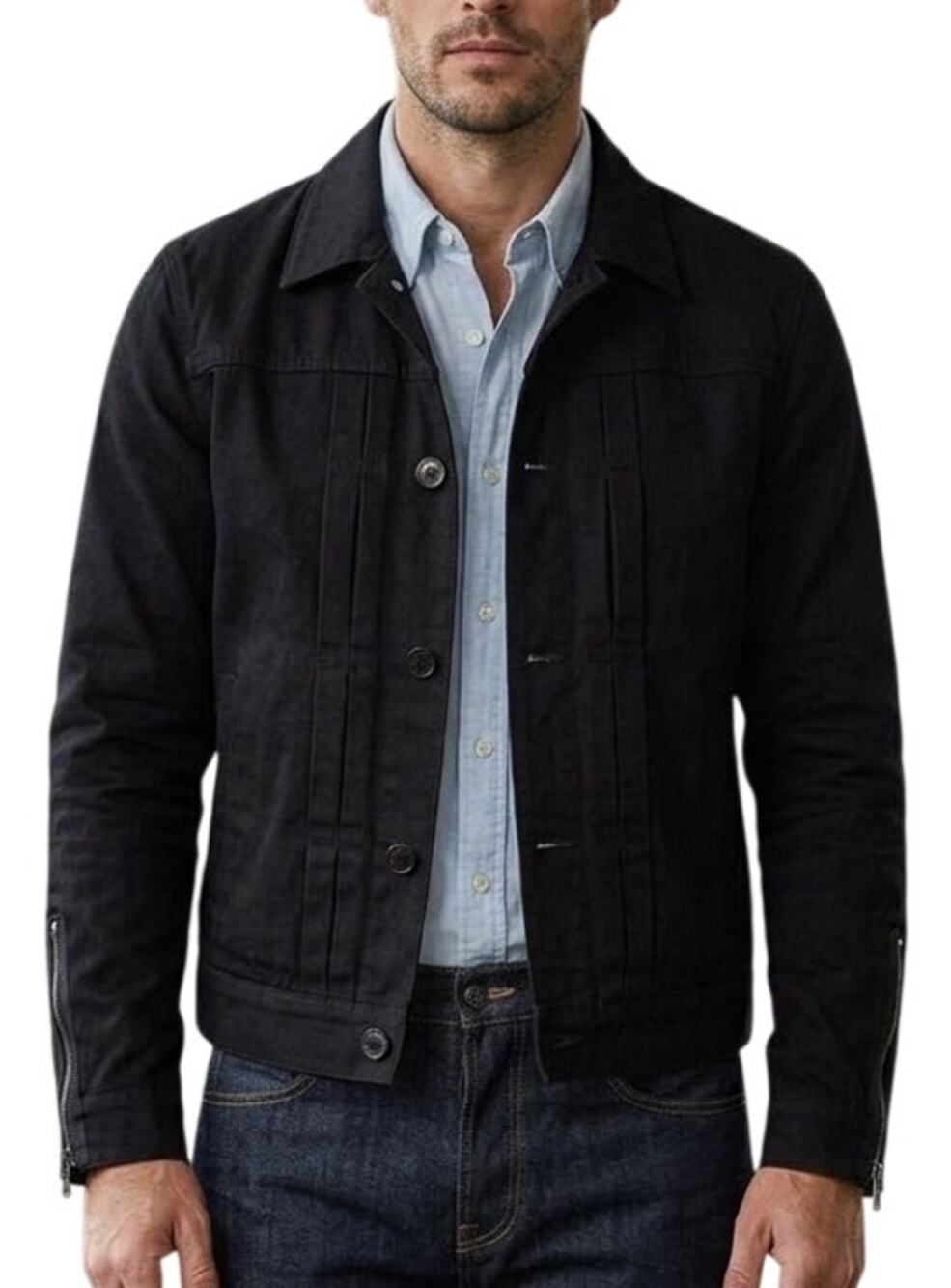 SHIPLEY HALMOS Button Front Zip Sleeve Soft Cotton Jean Jacket Black MEN'S S